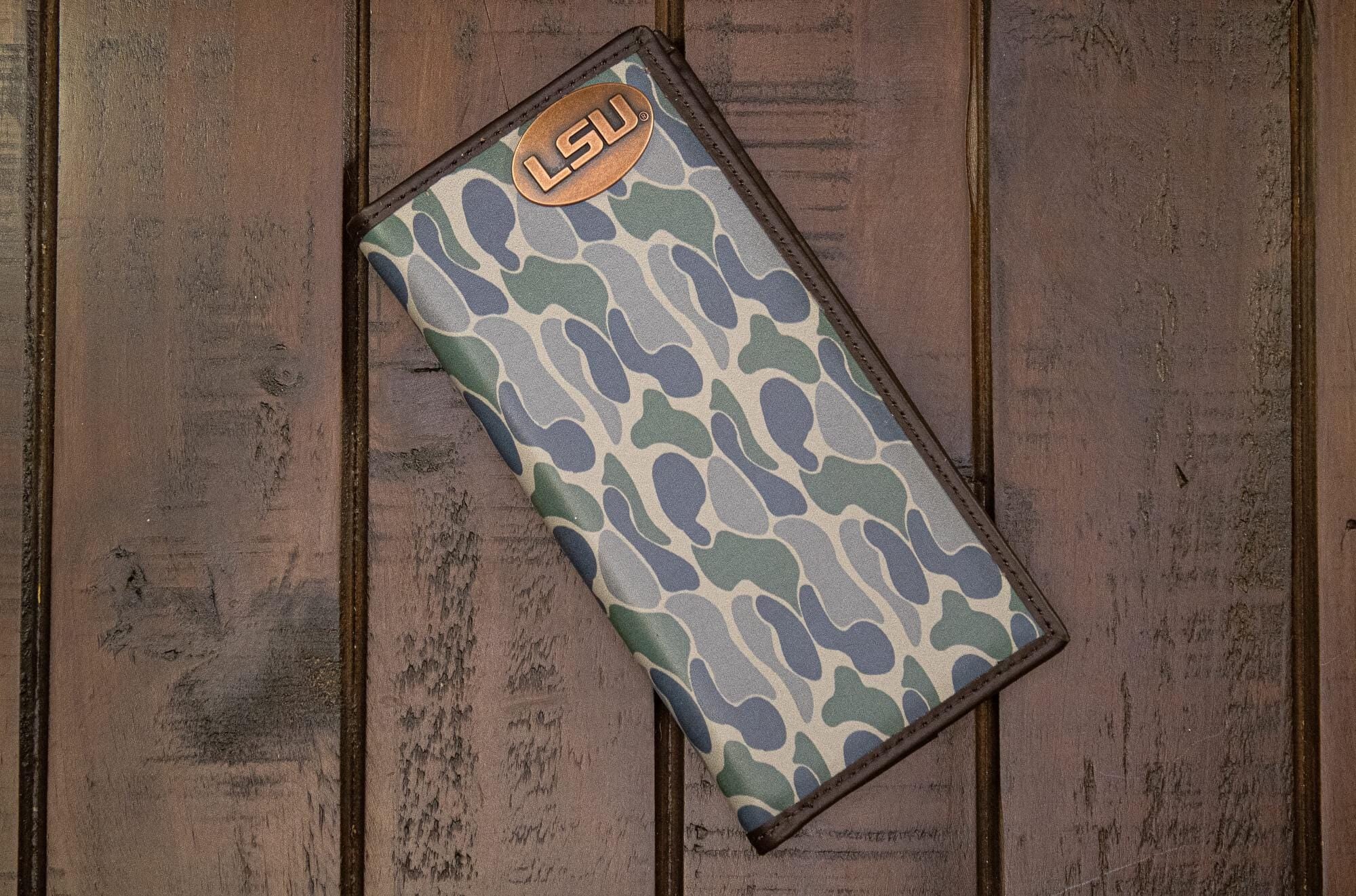LSU Tigers Men's Secretary Old School Camo Leather Wallet. Gift For LSU Fan. Quality Full Grain Leather With Antique Copper Logo