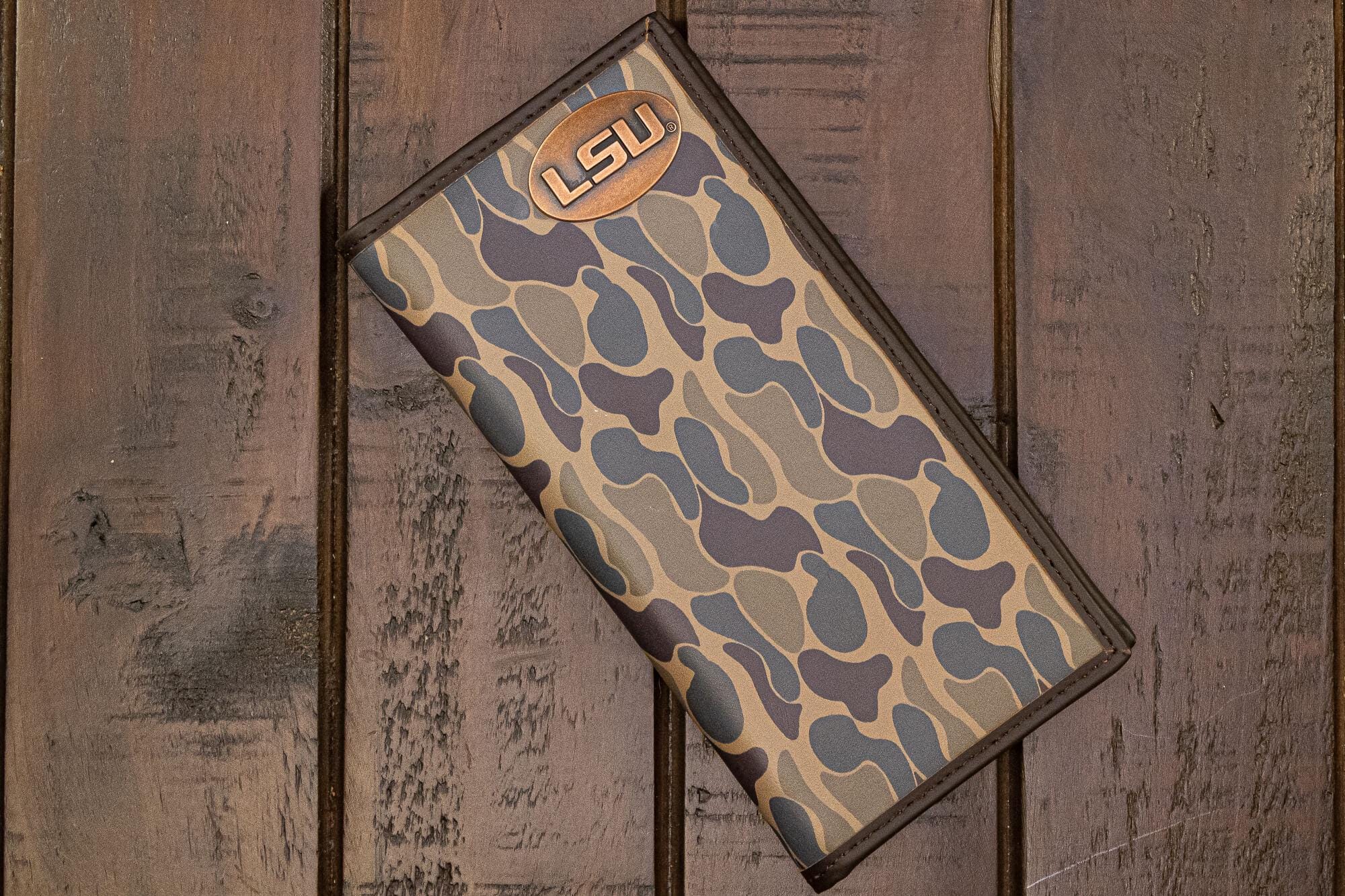 LSU Tigers Men's Secretary Old School Camo Leather Wallet. Gift For LSU Fan. Quality Full Grain Leather With Antique Copper Logo