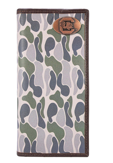 USC Gamecock Men's Secretary Old School Camo Leather Wallet. Gift For USC Carolina Fan. Quality Full Grain Leather With Antique Copper Logo