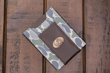 FSU Seminoles Men's Magnetic Front Pocket Old School Camo Leather Wallet. Gift For FSU Noles Fan. Quality Leather With Antique Copper Logo