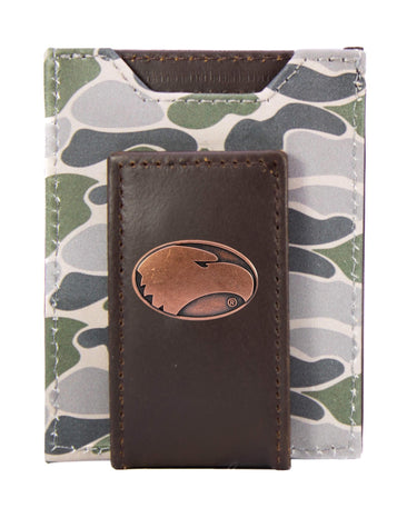 Georgia Southern Eagles Men's Magnetic Front Pocket Old School Camo Leather Wallet. Gift For GATA Fan. Leather With Antique Copper Logo