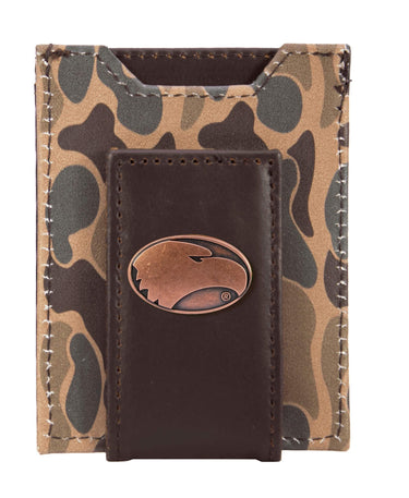 Georgia Southern Eagles Men's Magnetic Front Pocket Old School Camo Leather Wallet. Gift For GATA Fan. Leather With Antique Copper Logo