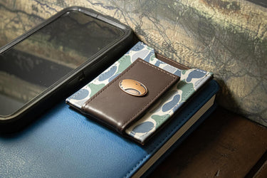 Georgia Southern Eagles Men's Magnetic Front Pocket Old School Camo Leather Wallet. Gift For GATA Fan. Leather With Antique Copper Logo