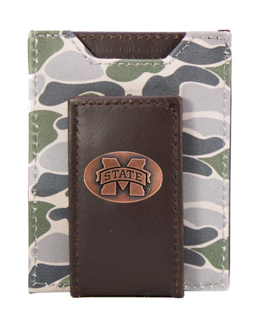 MSU Bulldogs Men's Magnetic Front Pocket Old School Camo Leather Wallet. Gift For MS State Fan. Quality Leather With Antique Copper Logo
