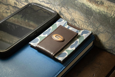 Georgia Bulldogs Men's Magnetic Front Pocket Old School Camo Leather Wallet. Gift For UGA Dawg Fan. Quality Leather With Antique Copper Logo