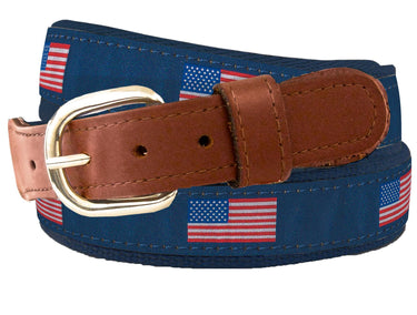 USA Flag Men's Woven Ribbon Belt. Navy American Flag. Patriotic Belt. Stars and Stripes Navy Ribbon Belt. Full Grain Leather Tabs.