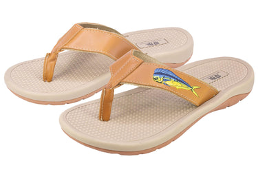 Mahi Dolphin Men's Fishing Sandal, Tan Leather Strap Boating Flip Flop, Embroidered Fish Design, Cushioned Insole, Non-Slip Boating Shoe.