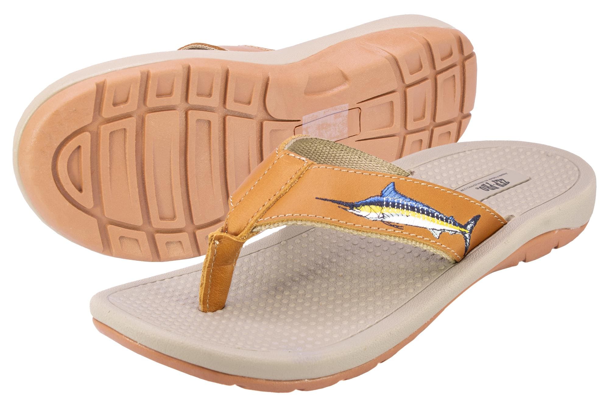 Marlin Men's Fishing Sandal, Tan Leather Strap Boating Flip Flop, Embroidered Fish Design, Cushioned Insole, Non-Slip Boating Shoe.