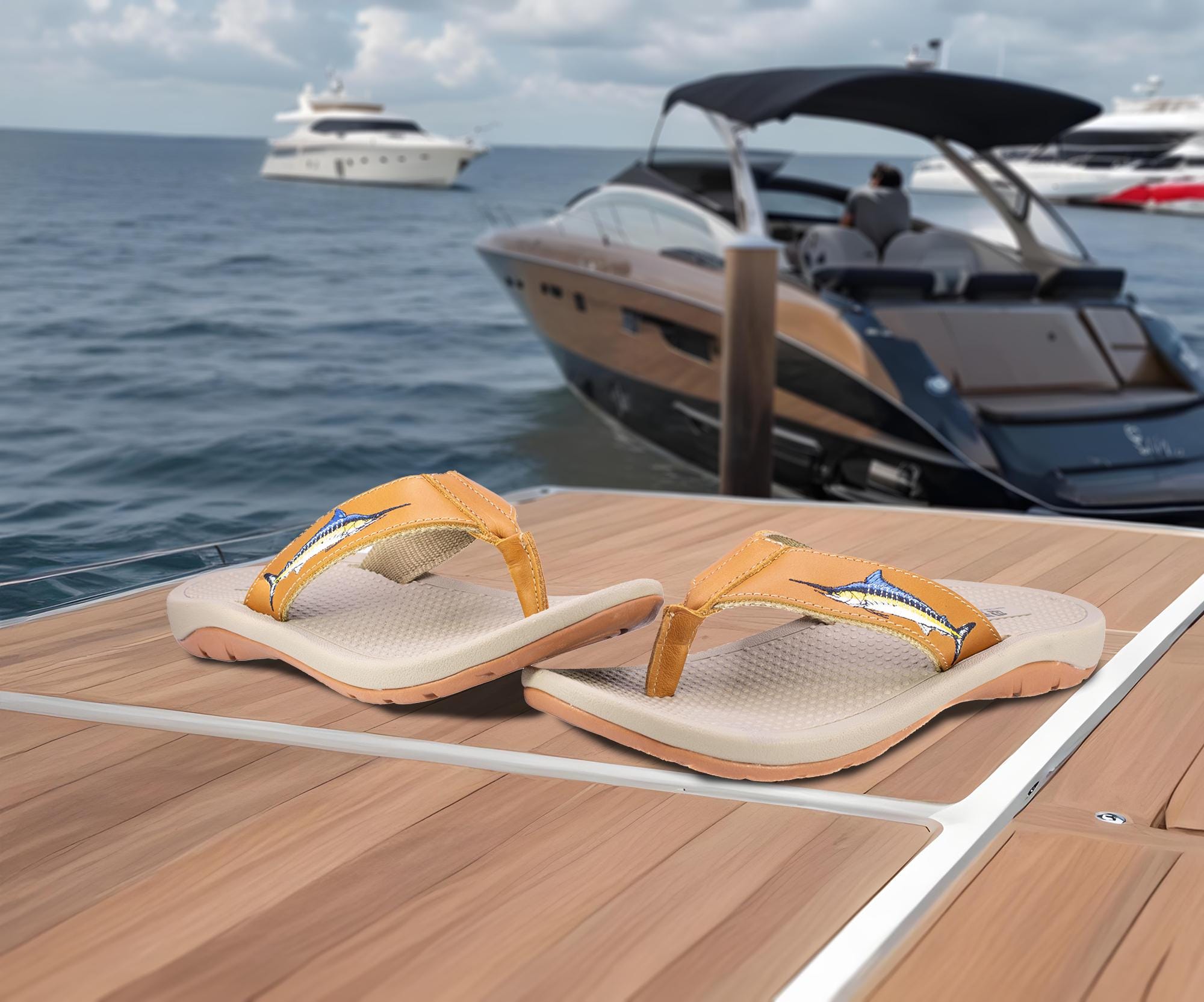Marlin Men's Fishing Sandal, Tan Leather Strap Boating Flip Flop, Embroidered Fish Design, Cushioned Insole, Non-Slip Boating Shoe.