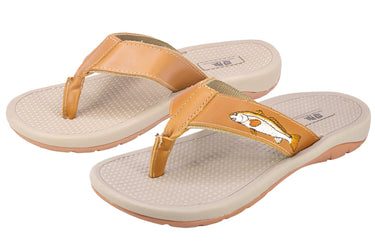 Redfish Men's Fishing Sandal, Tan Leather Strap Boating Flip Flop, Embroidered Fish Design, Cushioned Insole, Non-Slip Boating Shoe.