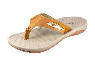 Redfish Men's Fishing Sandal, Tan Leather Strap Boating Flip Flop, Embroidered Fish Design, Cushioned Insole, Non-Slip Boating Shoe.