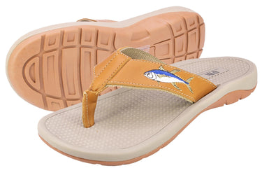 Yellow Tuna Men's Fishing Sandal, Tan Leather Strap Boating Flip Flop, Embroidered Fish Design, Cushioned Insole, Non-Slip Boating Shoe.