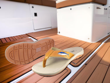 Yellow Tuna Men's Fishing Sandal, Tan Leather Strap Boating Flip Flop, Embroidered Fish Design, Cushioned Insole, Non-Slip Boating Shoe.