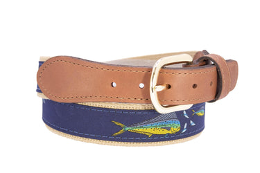Dolphin Mahi Men's Woven Ribbon Belt, Navy Fishing Belt, Boating Gift, Tan Full Grain Leather Tabs, Solid Brass Buckle and Cotton Webbing.