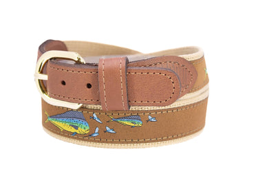 Dolphin Mahi Men's Woven Ribbon Belt, Navy Fishing Belt, Boating Gift, Tan Full Grain Leather Tabs, Solid Brass Buckle and Cotton Webbing.