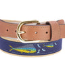 Dolphin Mahi Men's Woven Ribbon Belt, Navy Fishing Belt, Boating Gift, Tan Full Grain Leather Tabs, Solid Brass Buckle and Cotton Webbing.