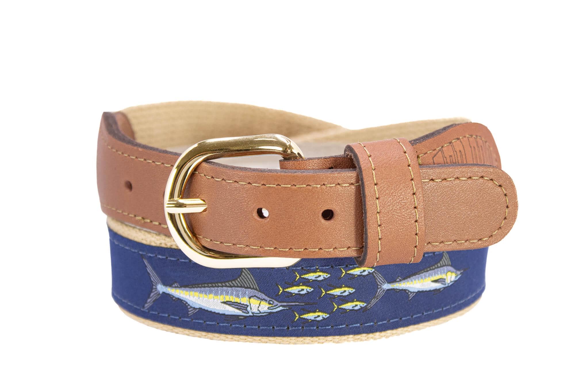 Marlin Men's Woven Ribbon Belt, Navy Fishing Belt, Boating Gift, Tan Full Grain Leather Tabs, Solid Brass Buckle and Cotton Webbing.