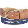 Marlin Men's Woven Ribbon Belt, Navy Fishing Belt, Boating Gift, Tan Full Grain Leather Tabs, Solid Brass Buckle and Cotton Webbing.