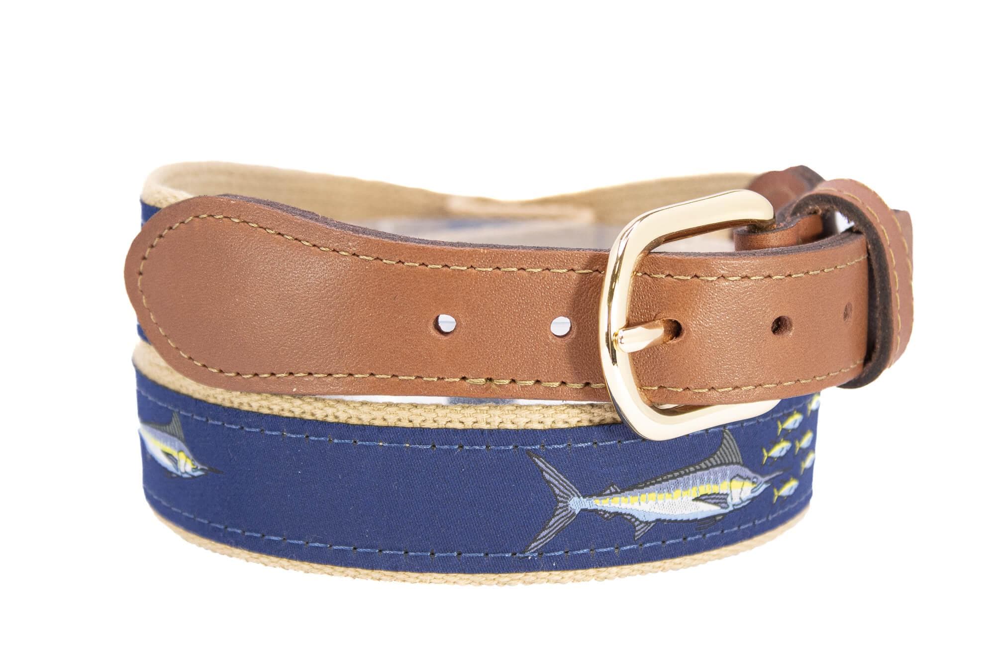 Marlin Men's Woven Ribbon Belt, Navy Fishing Belt, Boating Gift, Tan Full Grain Leather Tabs, Solid Brass Buckle and Cotton Webbing.