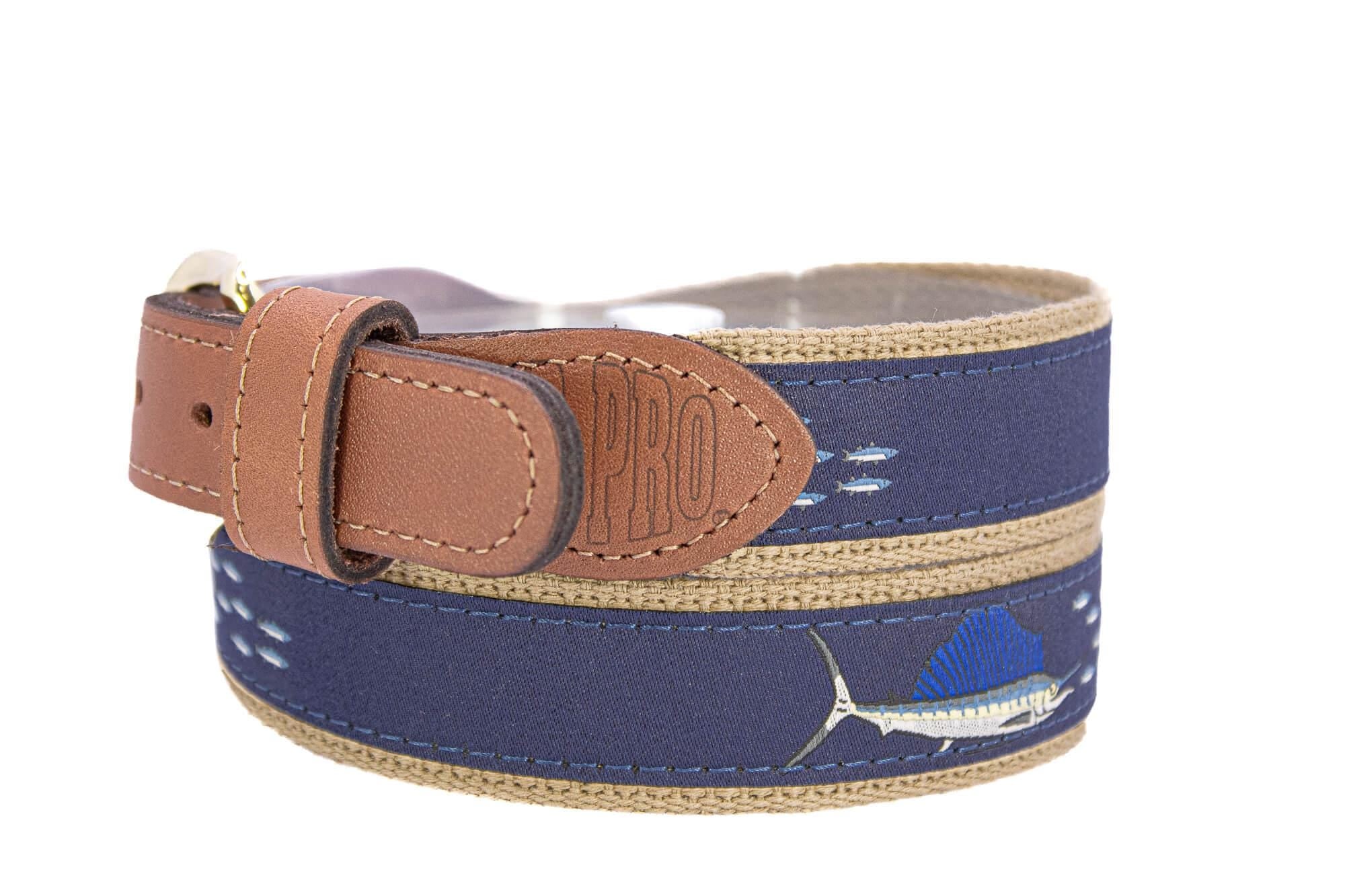 Sailfish Men's Woven Ribbon Belt, Navy Fishing Belt, Boating Gift, Tan Full Grain Leather Tabs, Solid Brass Buckle and Cotton Webbing.