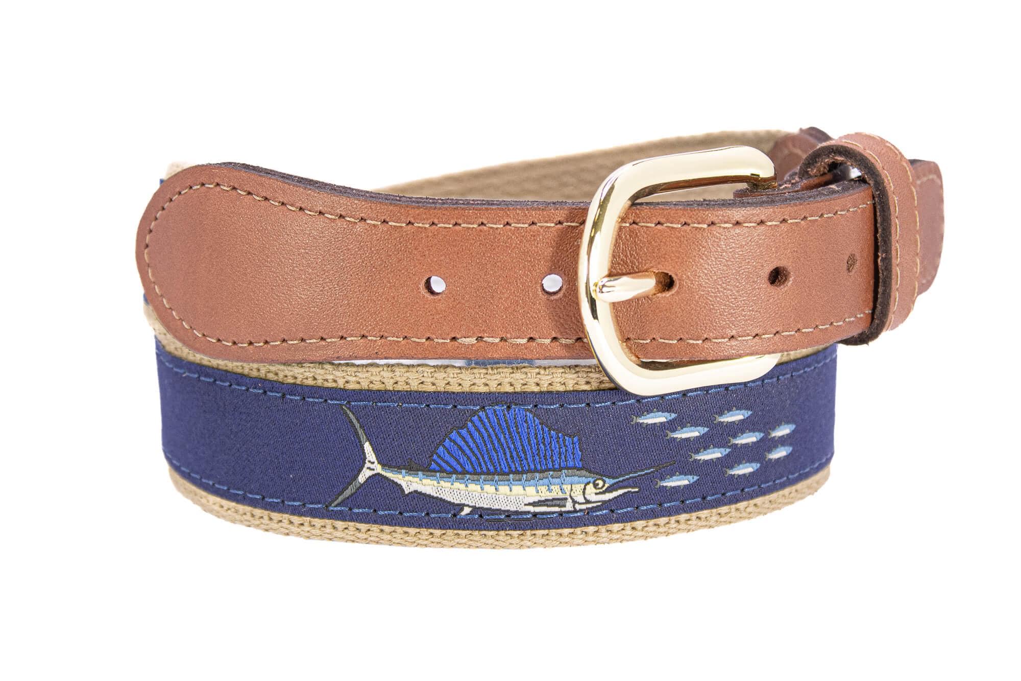 Sailfish Men's Woven Ribbon Belt, Navy Fishing Belt, Boating Gift, Tan Full Grain Leather Tabs, Solid Brass Buckle and Cotton Webbing.