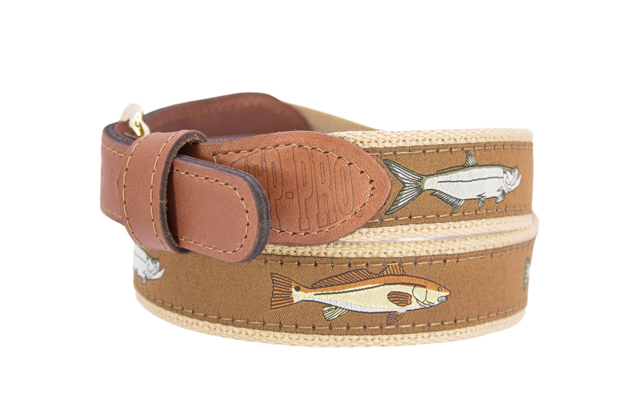 Backcountry Slam Men's Woven Ribbon Belt, Brown Fishing Belt, Boating Gift, Tarpon, Redfish, Snook, Speckled Trout. Tan Leather Tabs.