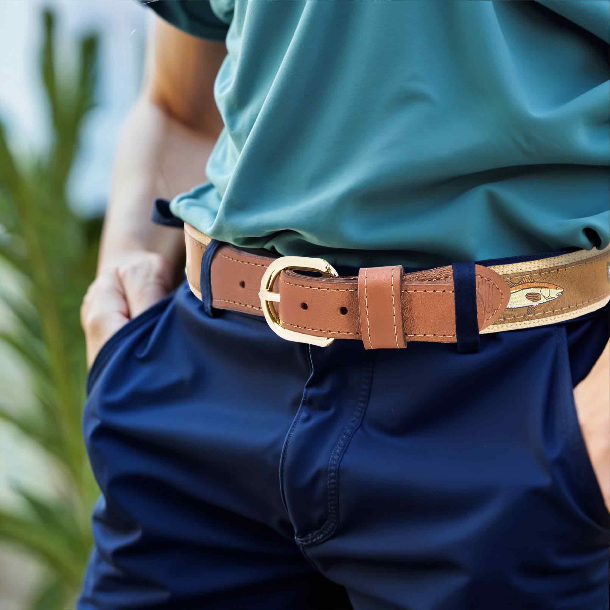Backcountry Slam Men's Woven Ribbon Belt, Brown Fishing Belt, Boating Gift, Tarpon, Redfish, Snook, Speckled Trout. Tan Leather Tabs.