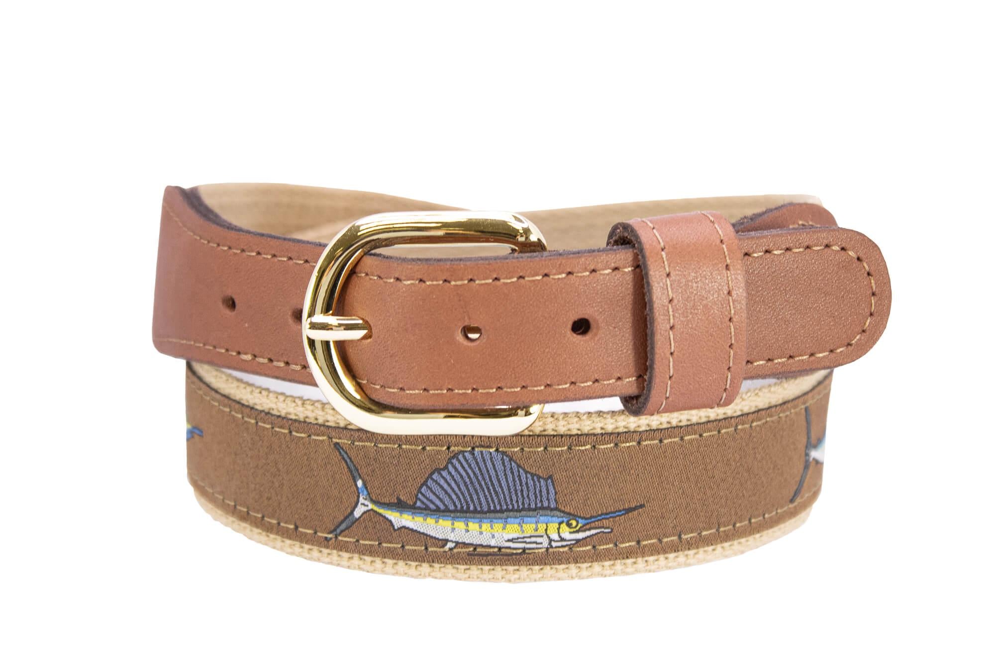 Billfish Slam Men's Woven Ribbon Belt, Brown Fishing Belt, Boating Gift, Blue Marlin, Sailfish, White Marlin, Tan Full Grain Leather Tabs.