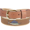 Billfish Slam Men's Woven Ribbon Belt, Brown Fishing Belt, Boating Gift, Blue Marlin, Sailfish, White Marlin, Tan Full Grain Leather Tabs.