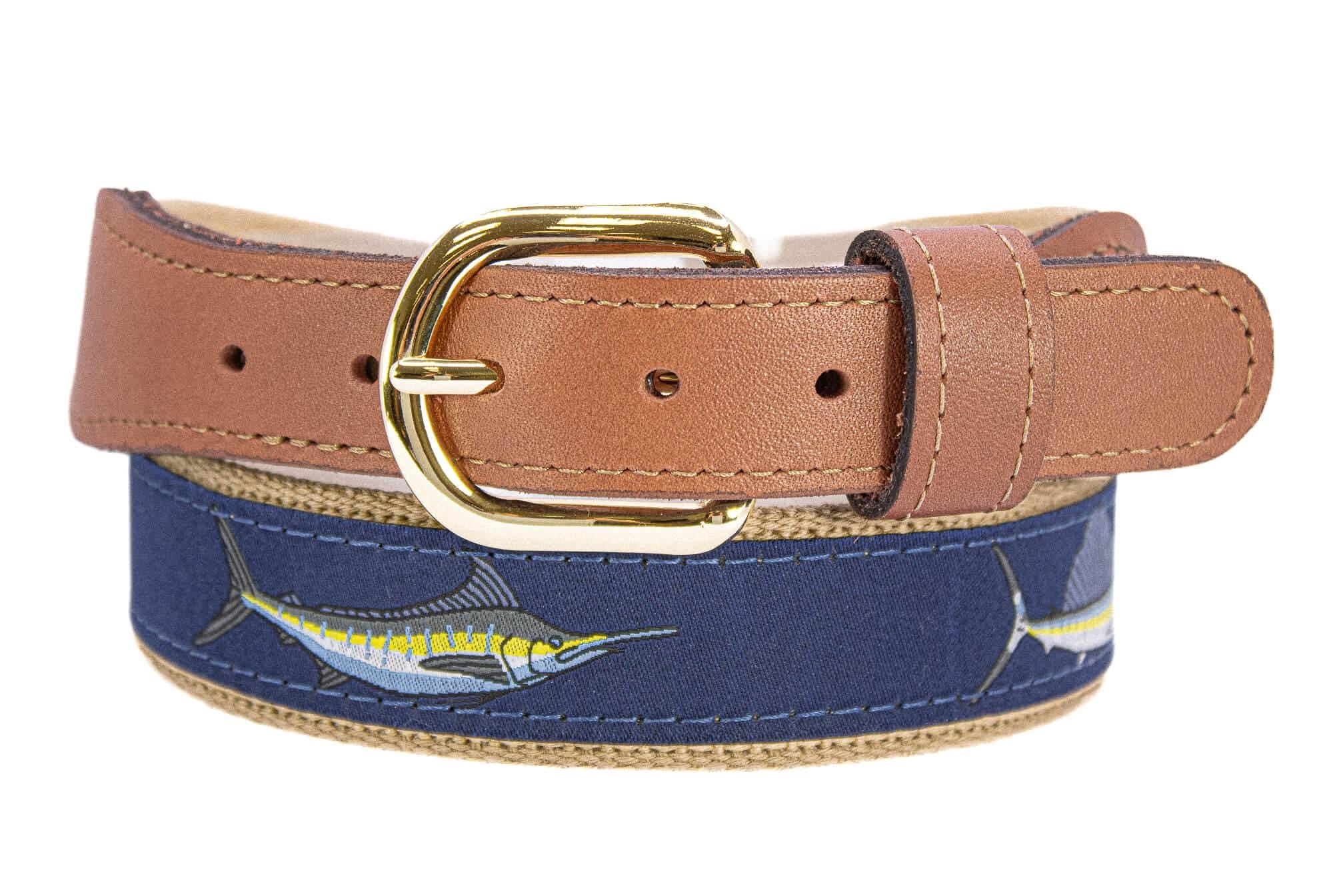 Billfish Slam Men's Woven Ribbon Belt, Brown Fishing Belt, Boating Gift, Blue Marlin, Sailfish, White Marlin, Tan Full Grain Leather Tabs.