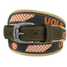 Tennessee Vols Men's Collegiate Stadium Collection Woven Ribbon Belt. Brown Full Grain Leather Tabs, Roller Buckle and Cotton Webbing.