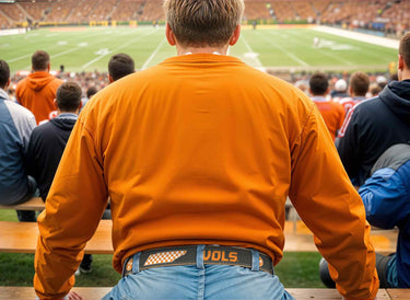 Tennessee Vols Men's Collegiate Stadium Collection Woven Ribbon Belt. Brown Full Grain Leather Tabs, Roller Buckle and Cotton Webbing.