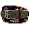 Georgia Bulldogs Men's Collegiate Stadium Collection Woven Ribbon Belt. Brown Full Grain Leather Tabs, Roller Buckle and Cotton Webbing.