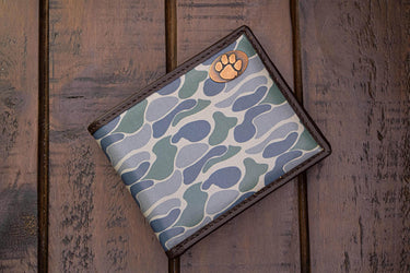 Clemson Tigers Men's Bifold Old School Camo Leather Wallet. Gift For Clemson Fan. Quality Full Grain Leather With Antique Copper Logo.