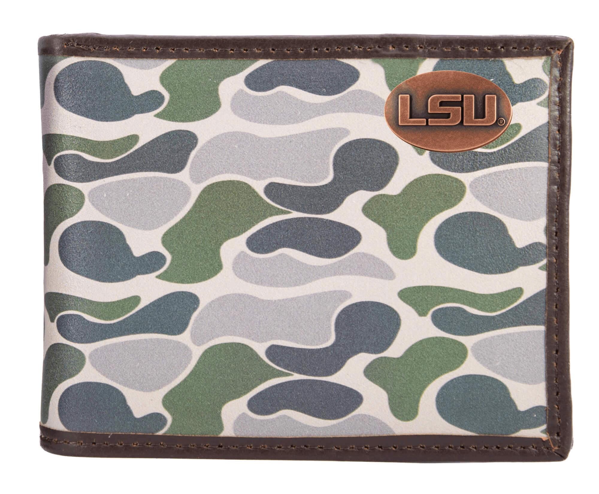 LSU Tigers Men's Bifold Old School Camo Leather Wallet. Gift For LSU Fan. Quality Full Grain Leather With Antique Copper Logo.