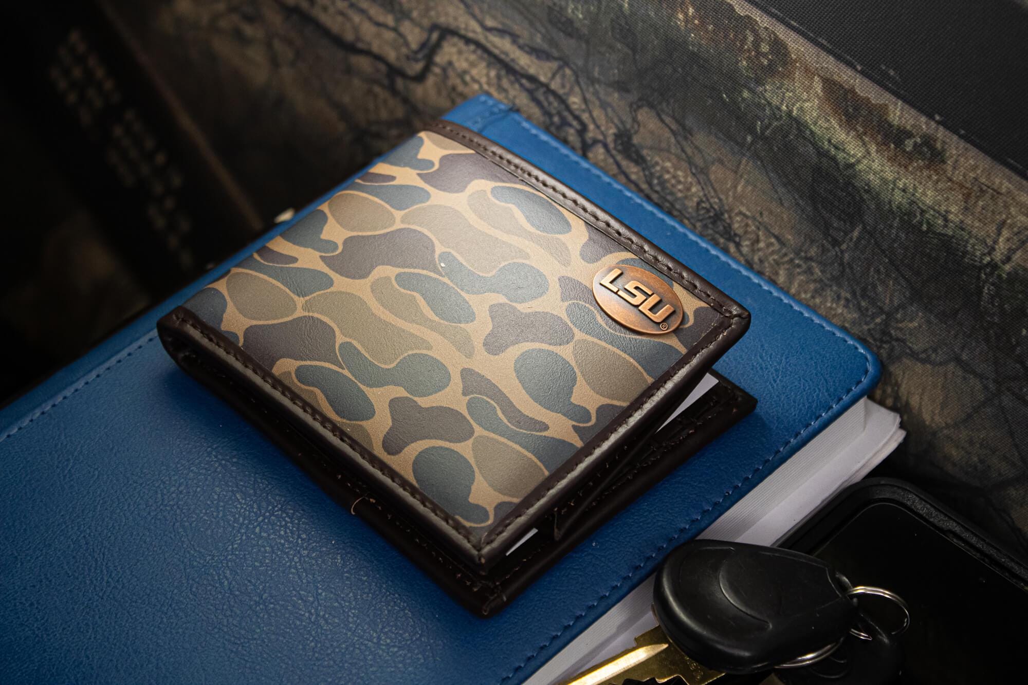 LSU Tigers Men's Bifold Old School Camo Leather Wallet. Gift For LSU Fan. Quality Full Grain Leather With Antique Copper Logo.
