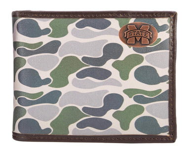 Mississippi State Bulldogs Men's Bifold Old School Camo Leather Wallet. Gift For MS State Fan. Full Grain Leather With Antique Copper Logo.