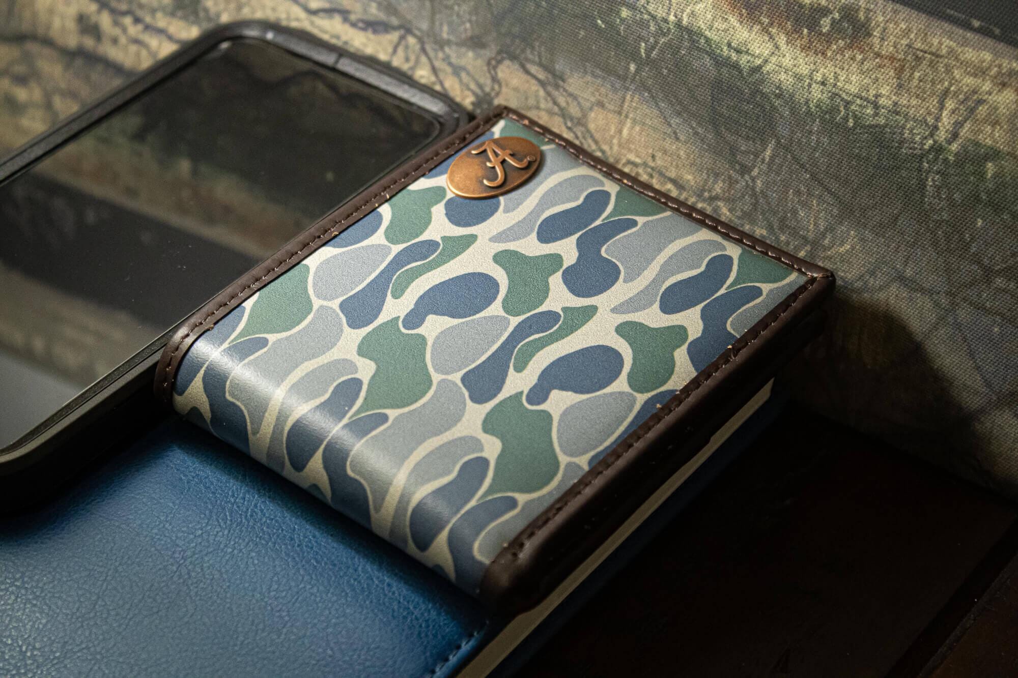 Alabama Crimson Tide Men's Bifold Old School Camo Leather Wallet. Gift For Bama Fan. Quality Full Grain Leather With Antique Copper Logo.