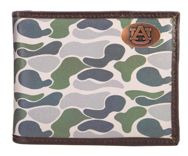 Auburn Tigers Men's Bifold Old School Camo Leather Wallet. Gift For War Eagle Fan. Quality Full Grain Leather With Antique Copper Logo.