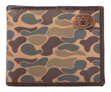 Auburn Tigers Men's Bifold Old School Camo Leather Wallet. Gift For War Eagle Fan. Quality Full Grain Leather With Antique Copper Logo.