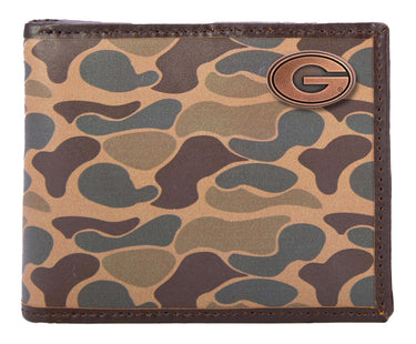Georgia Bulldogs Men's Bifold Old School Camo Leather Wallet. Gift For Dawgs Fan. Quality Full Grain Leather With Antique Copper Logo.