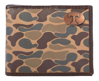 Tennessee Vols Men's Bifold Old School Camo Leather Wallet. Gift For Vols Fan. Quality Full Grain Leather With Antique Copper Logo.