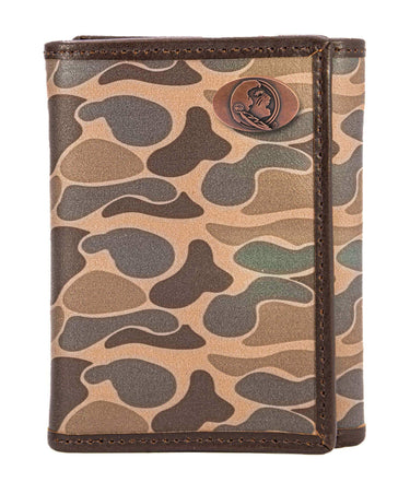 FSU Seminoles Men's Trifold Old School Camo Leather Wallet. Gift For FSU Fan. Quality Full Grain Leather With Antique Copper Logo.