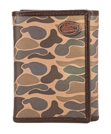Florida Gators Men's Trifold Old School Camo Leather Wallet. Gift For Gator Fan. Quality Full Grain Leather With Antique Copper Logo.