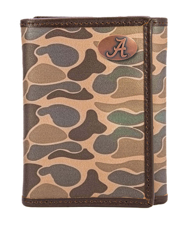 Alabama Crimson Tide Men's Trifold Old School Camo Leather Wallet. Gift For Bama Fan. Quality Full Grain Leather With Antique Copper Logo.