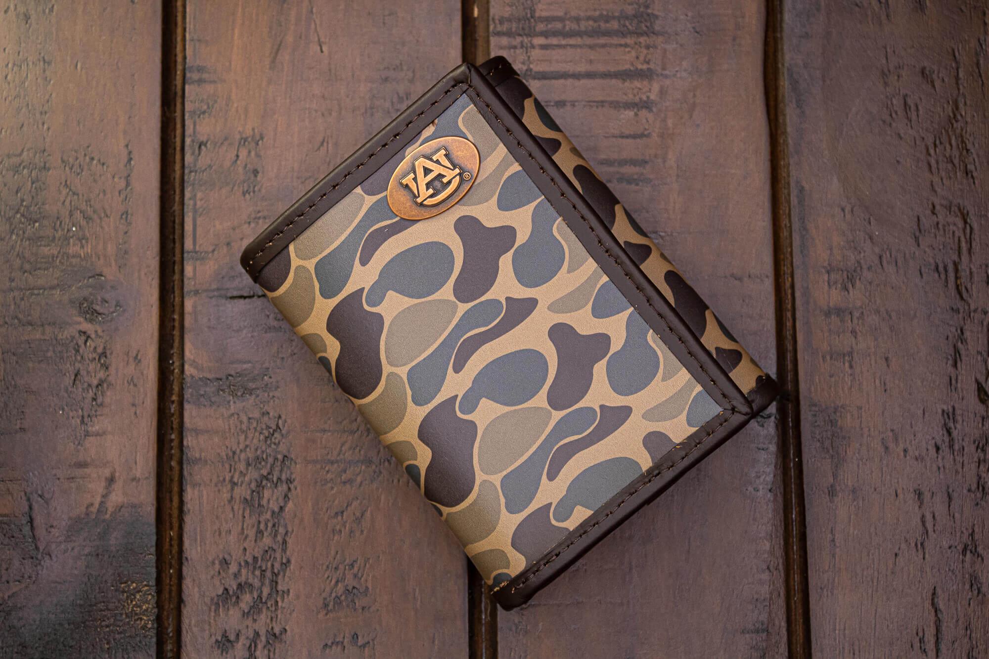 Auburn Tigers Men's Trifold Old School Camo Leather Wallet. Gift For War Eagle Fan. Quality Full Grain Leather With Antique Copper Logo.