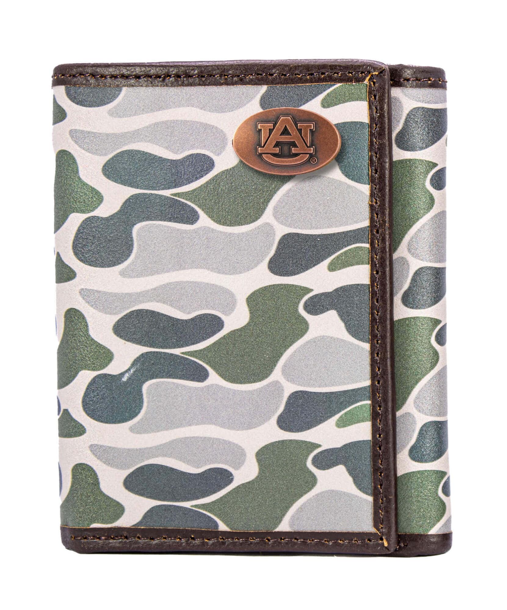 Auburn Tigers Men's Trifold Old School Camo Leather Wallet. Gift For War Eagle Fan. Quality Full Grain Leather With Antique Copper Logo.
