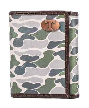 Tennessee Vols Men's Trifold Old School Camo Leather Wallet. Gift For Vols Fan. Quality Full Grain Leather With Antique Copper Logo.
