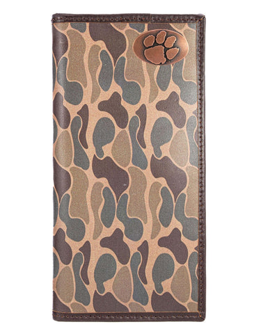 Clemson Tigers Men's Secretary Old School Camo Leather Wallet. Gift For Clemson Fan. Quality Full Grain Leather With Antique Copper Logo