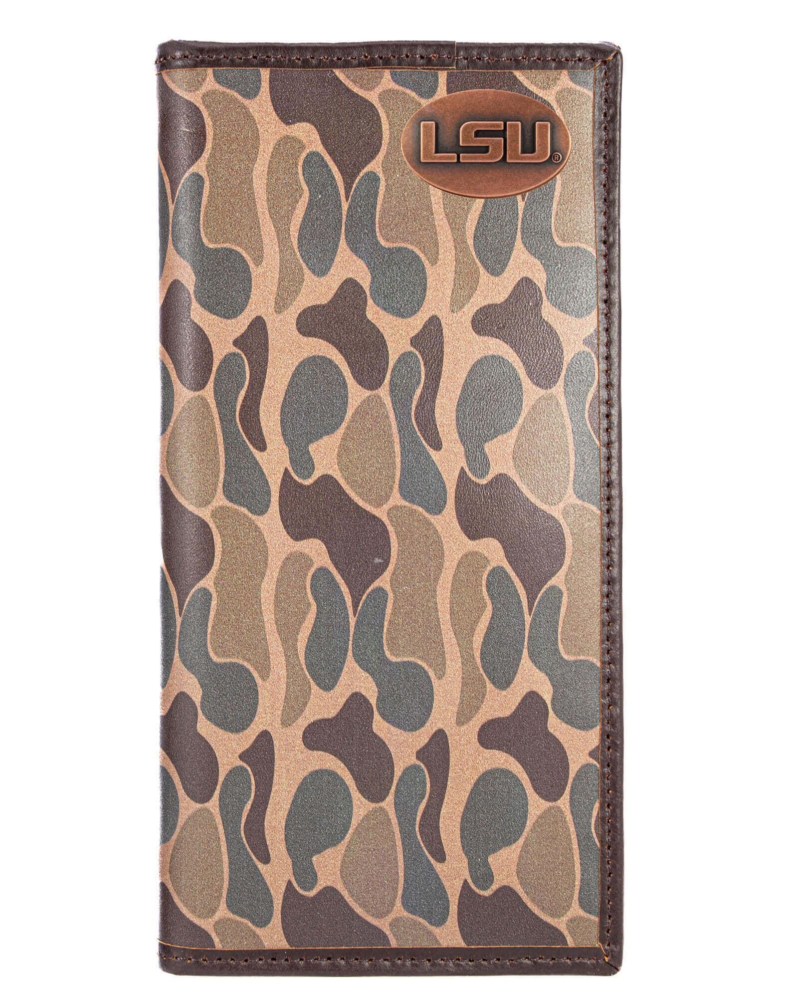 LSU Tigers Men's Secretary Old School Camo Leather Wallet. Gift For LSU Fan. Quality Full Grain Leather With Antique Copper Logo